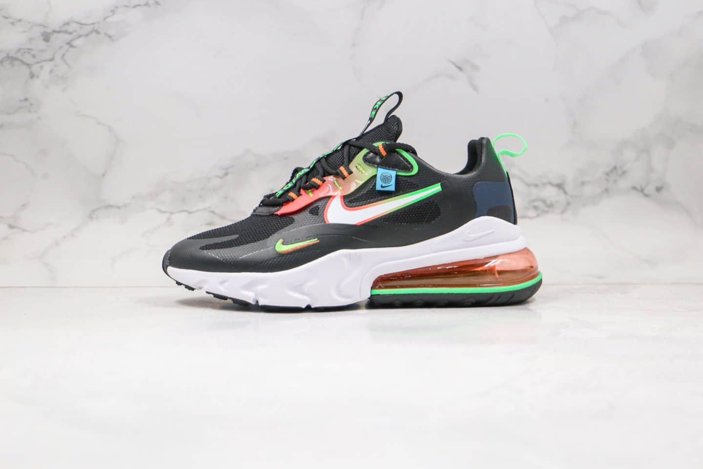 耐克Nike React Air Max 270 React LA Edition纯原版本高桥盾网纱系列Max270气垫鞋黑渐变红绿色内置真小潘气垫 货号：CK6547-001