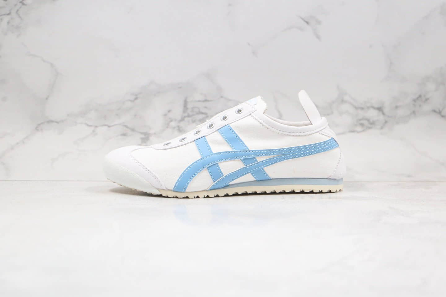 亚瑟士Asics Onitsuka tiger纯原版本鬼冢虎无鞋带帆布鞋一脚蹬白蓝色原厂四联吊牌 货号：1182A087-101