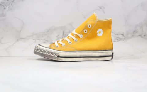 匡威CONVERSE x PEACEMINUSONE公司级版本权志龙联名款小雏菊高帮黄色做旧帆布鞋原档案数据开发 货号：162054C