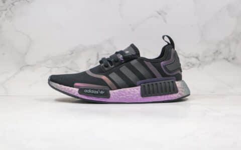 阿迪达斯Adidas NMD R1 Boost纯原版本爆米花跑鞋NMD炫彩黑紫色原厂巴斯夫大底 货号：FV8732