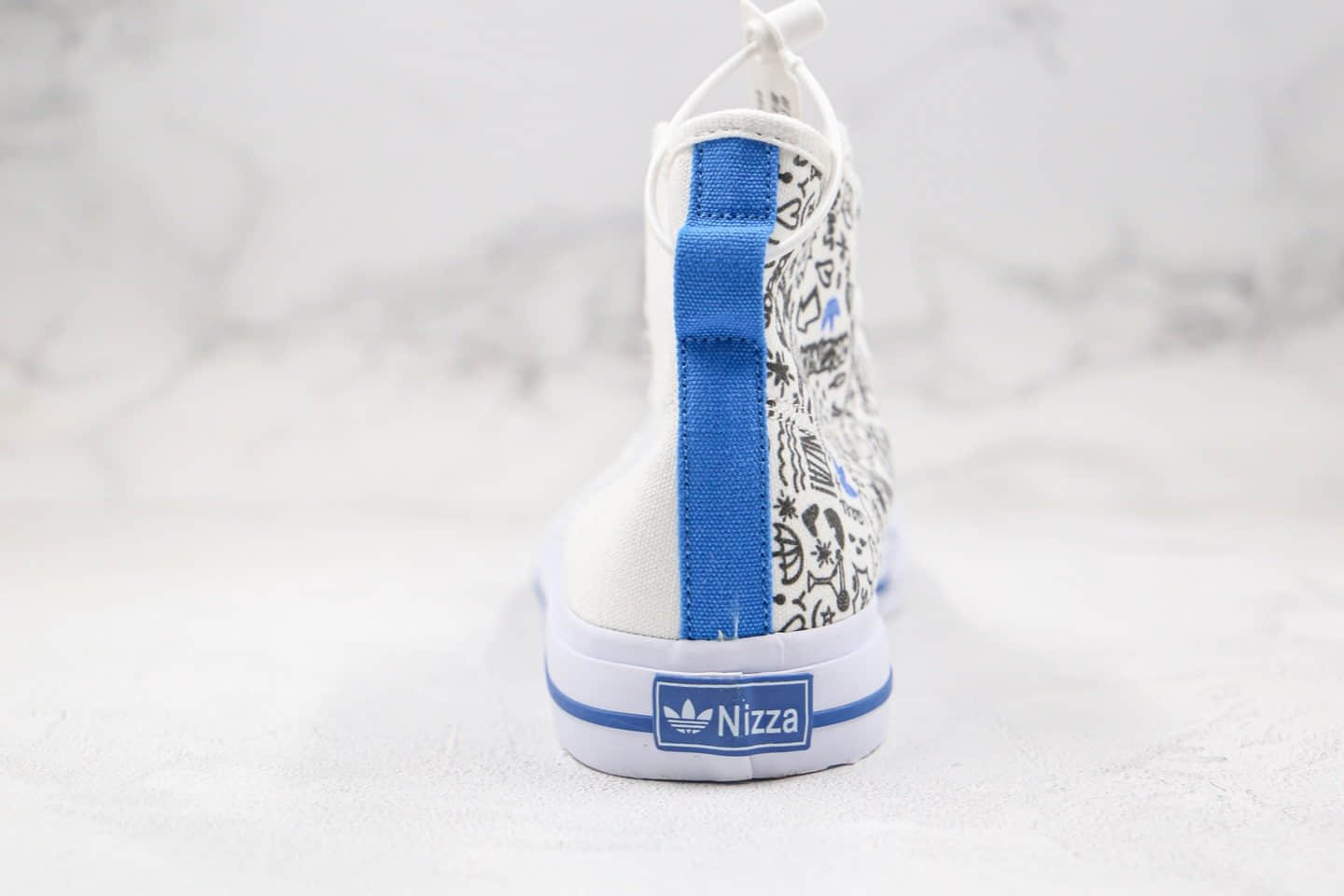 阿迪达斯Adidas Nizza HI RF纯原版本高帮白蓝色涂鸦不对称设计NIZZA帆布鞋原档案数据开发 货号：FY3092