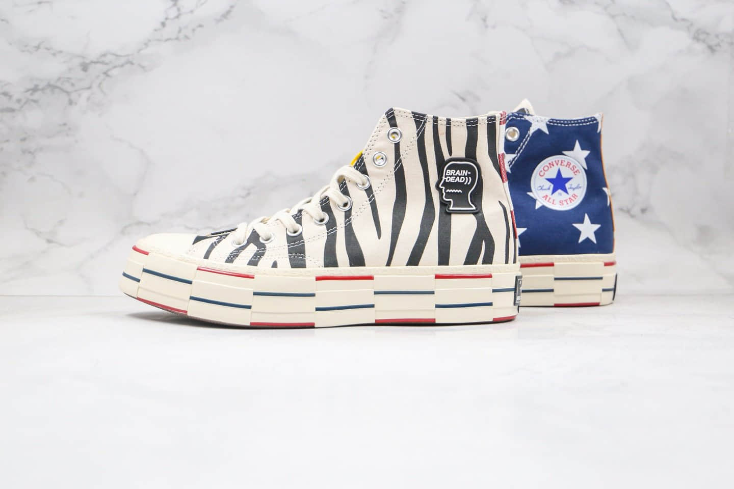 匡威Converse x BrainDead 2.0公司级版本高帮脑死亡解构豹纹迷彩蓝色星星帆布正确双围条硫化蓝底 货号：163166C