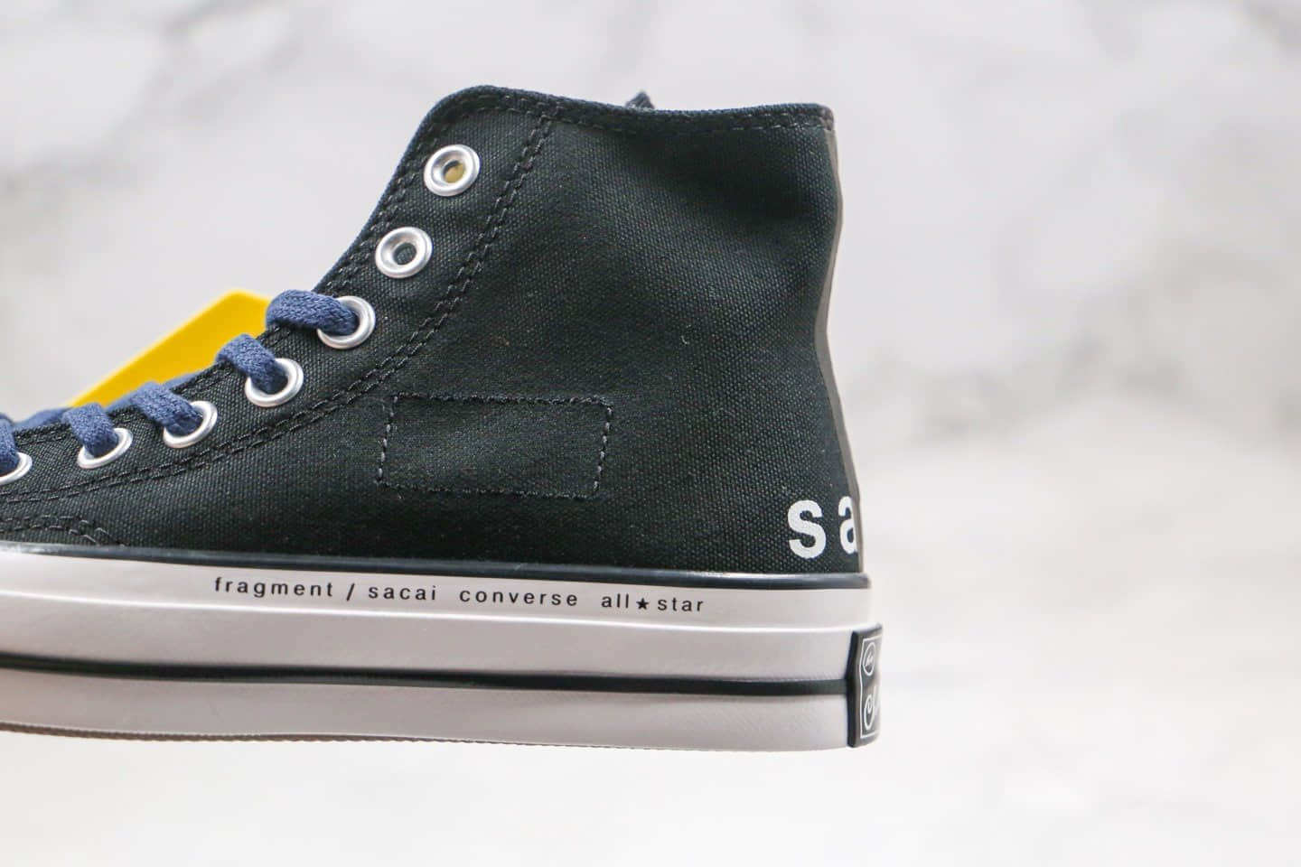 匡威Converse x Sacai x Fragment Design公司级版本三方联名款高帮藤原浩闪电黑蓝色补丁铭牌缝线帆布鞋原盒原标 货号：160328C