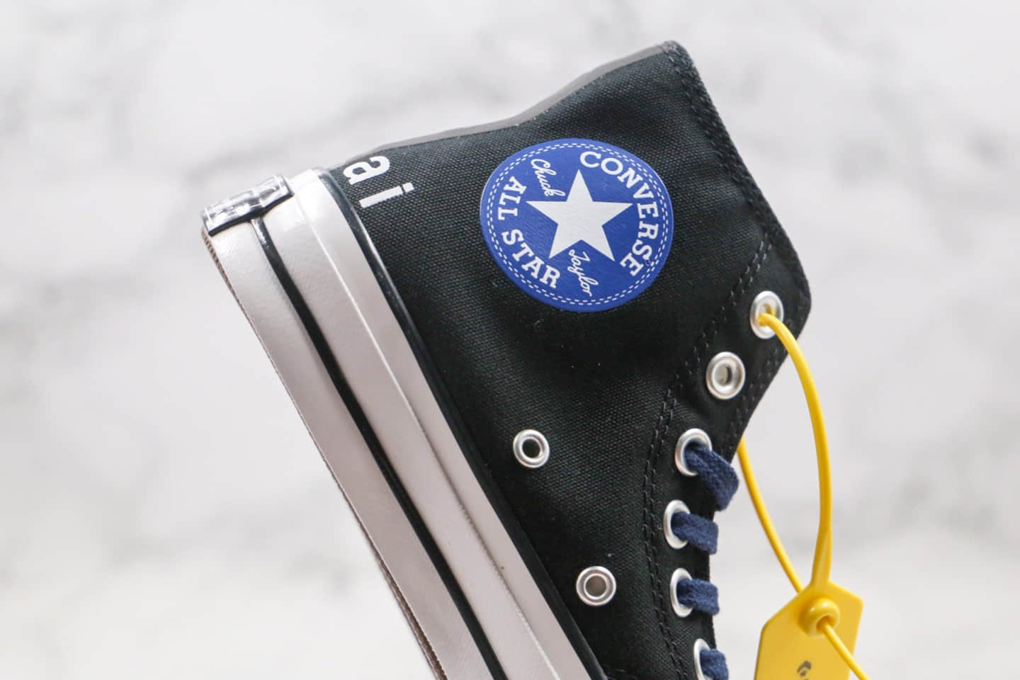 匡威Converse x Sacai x Fragment Design公司级版本三方联名款高帮藤原浩闪电黑蓝色补丁铭牌缝线帆布鞋原盒原标 货号：160328C