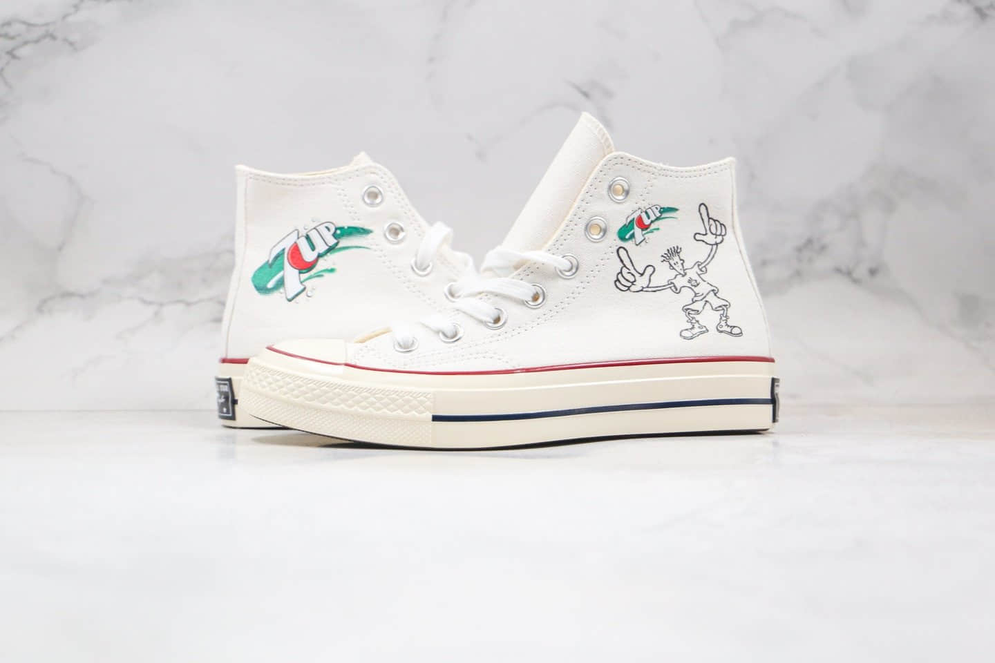 匡威7UP x Converse 1970s公司级版本七喜联名三星标帆布鞋白绿色蓝底双围条 货号：162056C