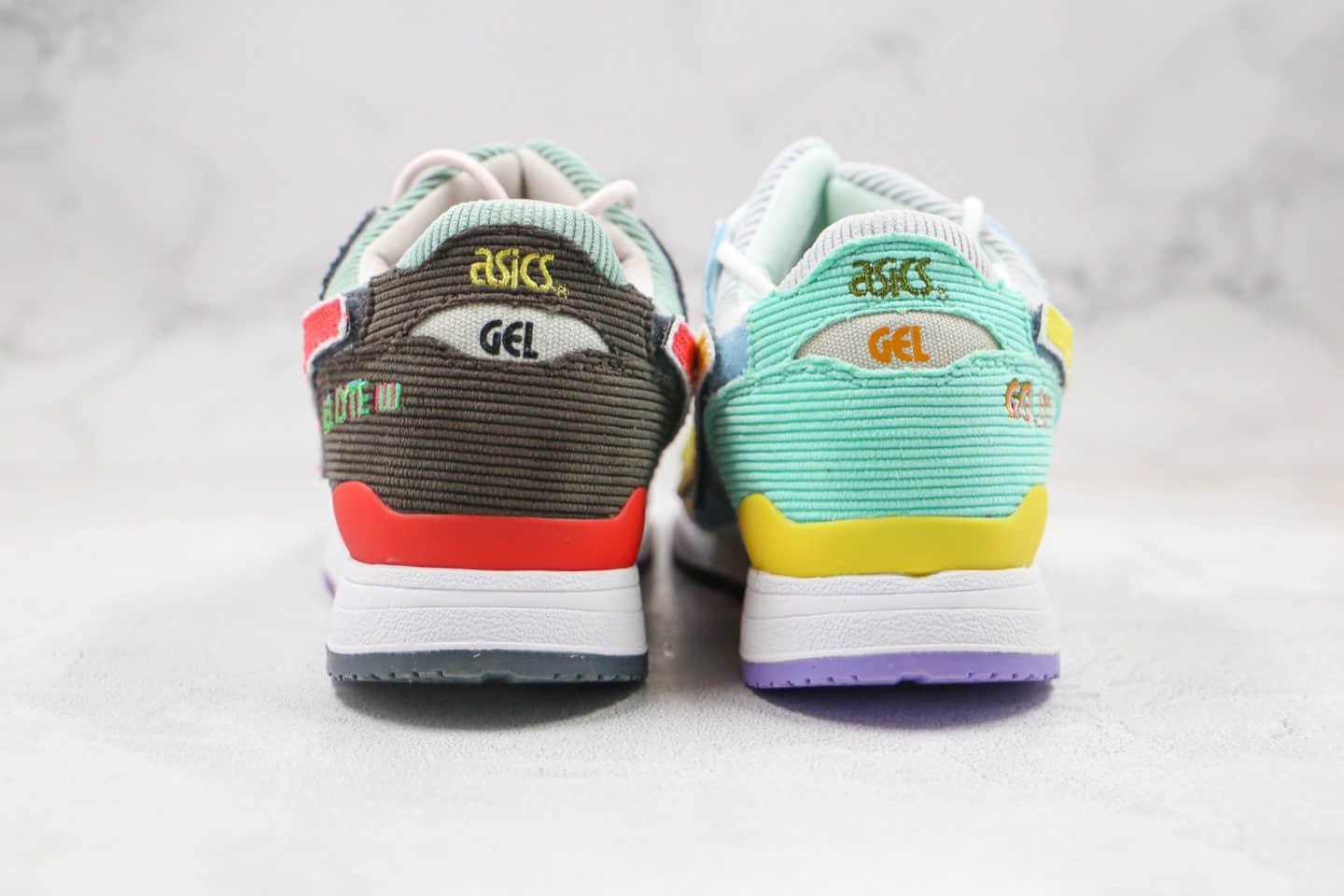 亚瑟士Asics Gel Lyte III x Sean Wotherspoon x atmos纯原版本三方联名款灯芯绒彩虹鸳鸯配色原盒原标 货号：1203A019-000