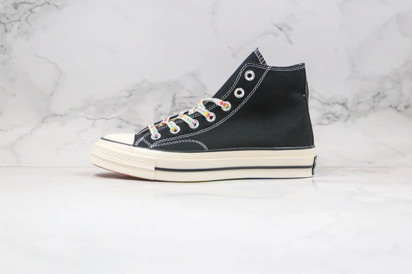 匡威Converse chuck 70S公司级版本高帮彩虹底印花鞋带黑色帆布鞋原厂硫化大底正确双围条 货号：162666C