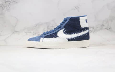 耐克Nike SB Blazer Mid Premium Sashiko Sesame纯原版本中帮开拓者王一博同款牛仔蓝色补丁刺绣板鞋原盒原标 货号：CT0715-400