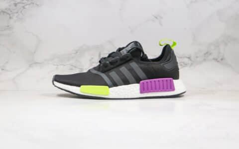 阿迪达斯adidas NMD R1 Primeknit Triple Black纯原版本针织跑鞋黑紫绿色真爆大底 货号：D96627