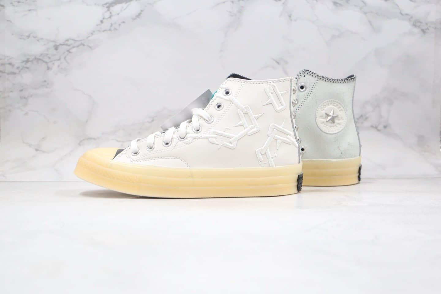 匡威Russell Westbrook x Air Jordan x Converse Chuck Translucent Midsole 1970 High Why Not三方联名款公司级版本白灰黑色皮革刺绣铁网果冻水晶底板鞋 货号：169628C