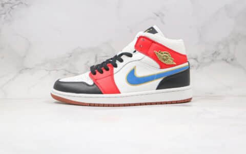 乔丹Air Jordan 1 Mid纯原版本中帮AJ1红蓝金色漆皮拼接灯芯绒篮球鞋原楦头纸板打造 货号：DC1426-100