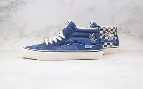 万斯VANS sk8-MID 2020 x Alltimers联名款公司级版本中帮卡通涂鸦小怪兽蓝白色棋盘格子硫化板鞋原鞋开模一比一打造