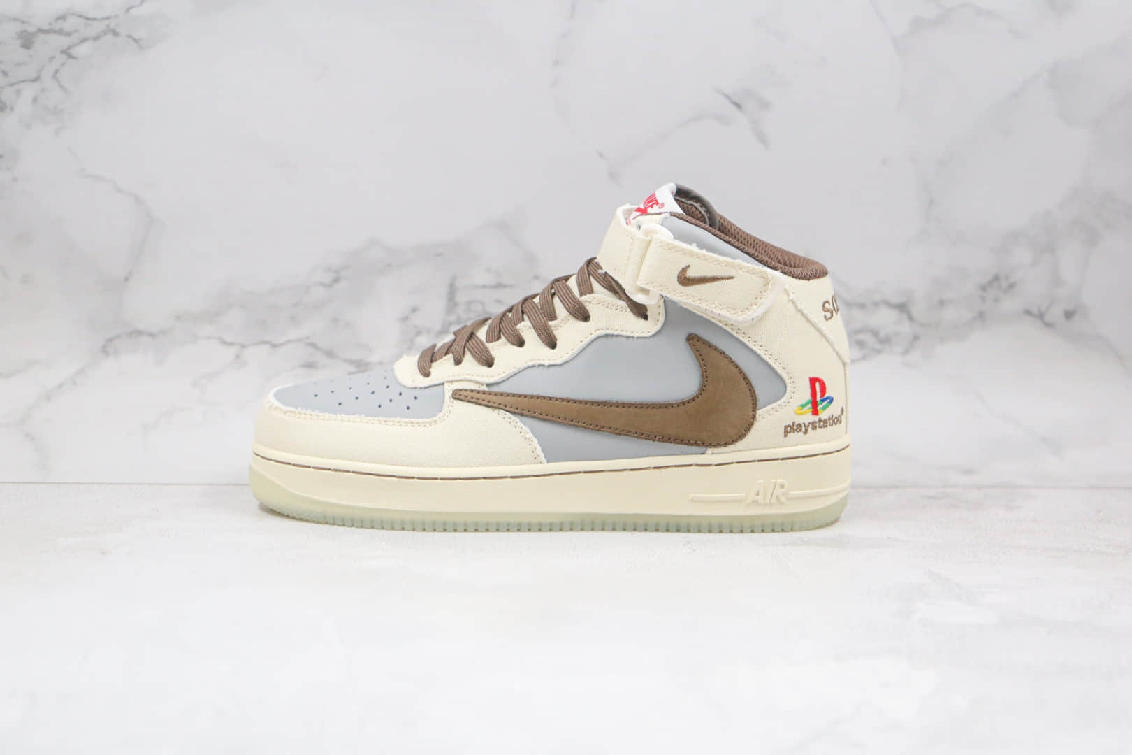 耐克Nike Air Force1 Mid x Playstation x Nike Travis Scott三方联名款纯原版本中帮空军一号倒钩板鞋内置气垫 货号：BQ5028-202