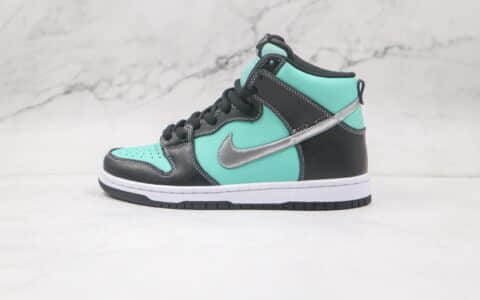 耐克Nike SB DUNK x Diamond Dunk Hi Tiffany联名款纯原版本高帮SB DUNK黑蓝银钩板鞋原鞋开模一比一打造 货号：653599-400