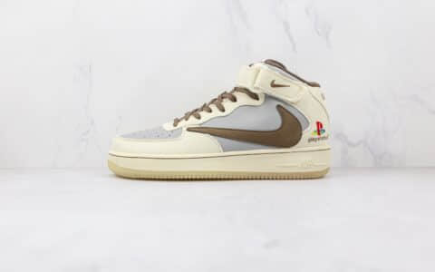 耐克Nike Air Force 1 x Travis Scott x Playstation三方联名款纯原版本中帮空军一号米褐色倒勾板鞋原楦头纸板打造 货号：BQ5828-202