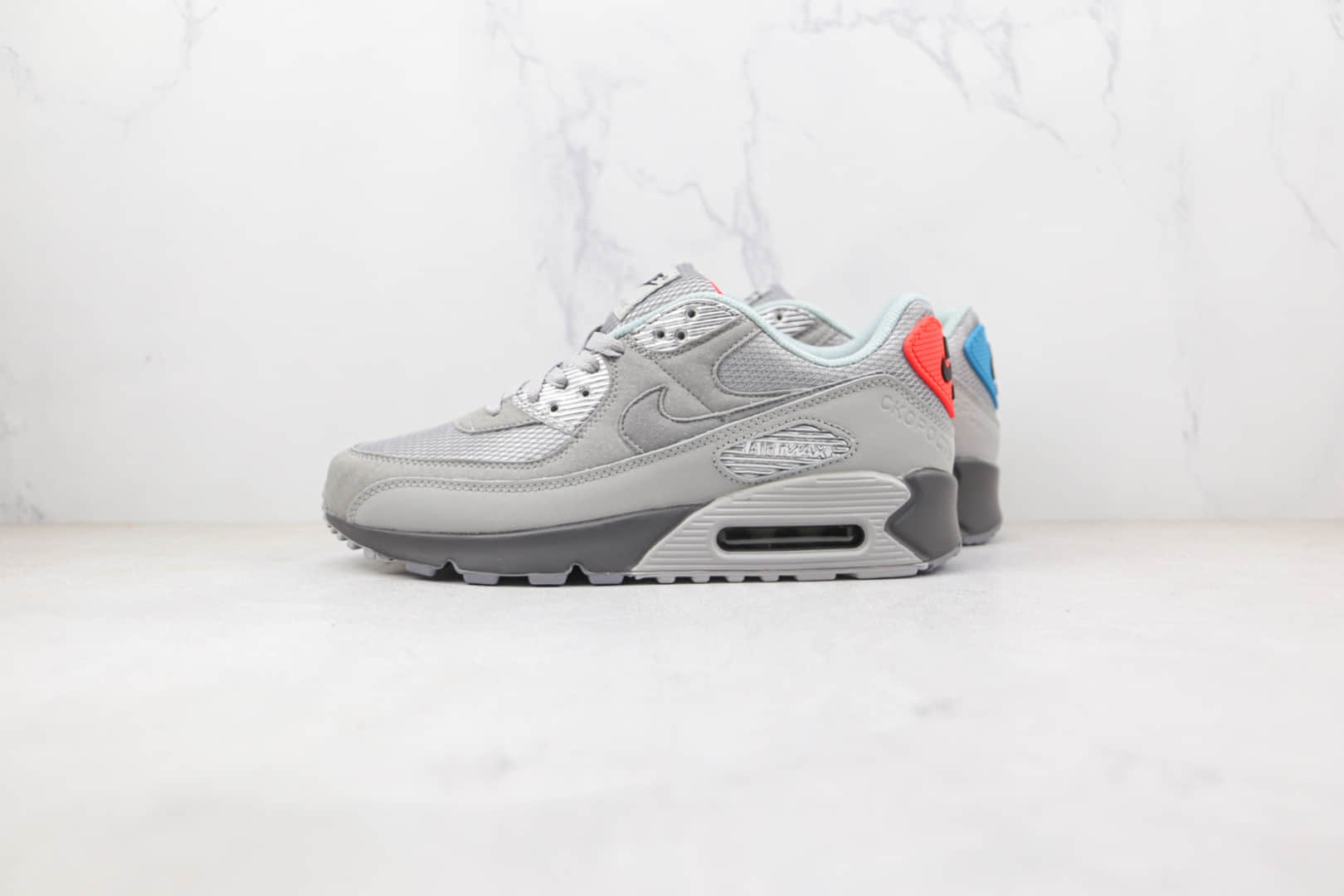 耐克Nike Air Max 90纯原版本灰麂皮红蓝鸳鸯Max90气垫鞋原档案数据开发