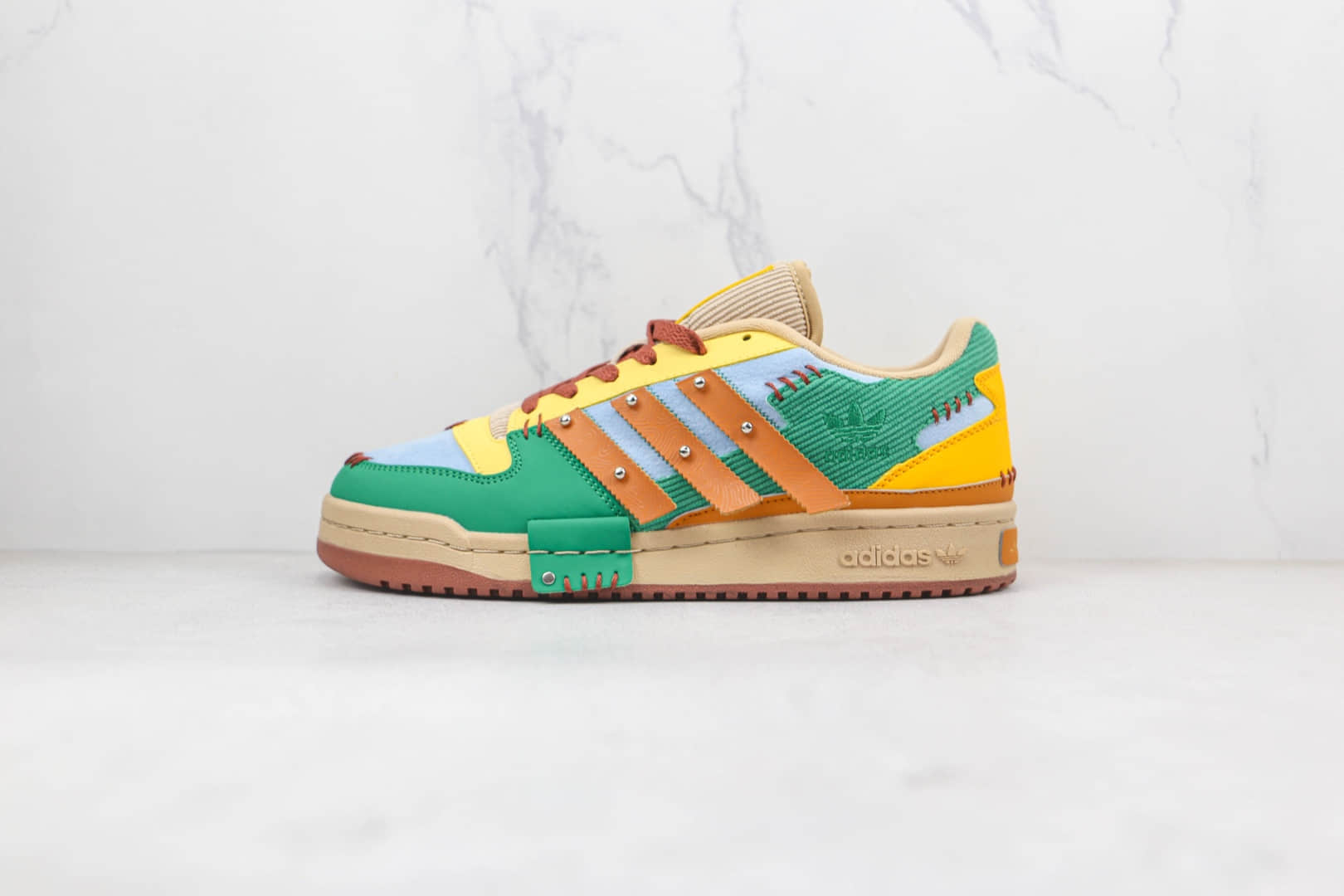 阿迪达斯Adidas Originals Forum 84 Low Karoro x Melting Sadness联名款纯原版本低帮Forum84木偶棕绿灯芯绒蓝拼接板鞋原盒原标 货号：GW8725