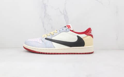 耐克Nike Air Jordan 1 Low OG SP White Red Fog Blue x Travis Scott联名款纯原版本低帮倒勾AJ1白红雾霾蓝板鞋原楦头纸板打造 货号：CM7866-125