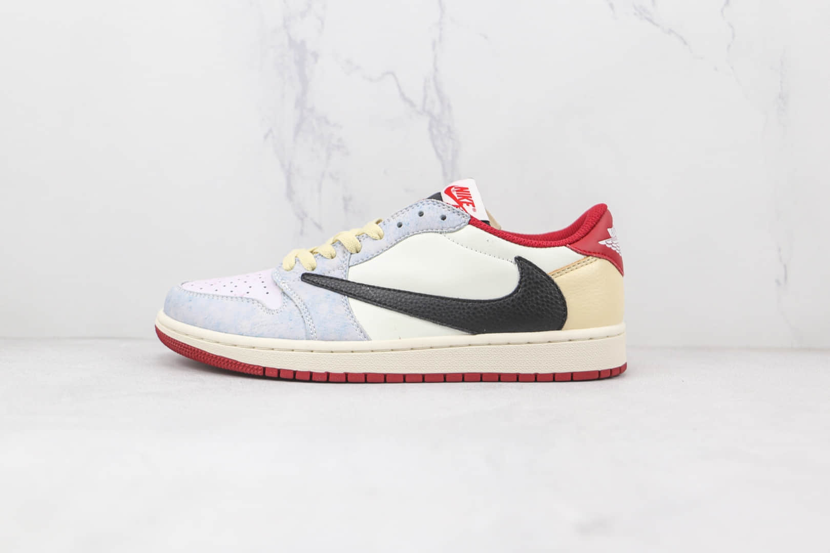 耐克Nike Air Jordan 1 Low OG SP White Red Fog Blue x Travis Scott联名款纯原版本低帮倒勾AJ1白红雾霾蓝板鞋原楦头纸板打造 货号：CM7866-125