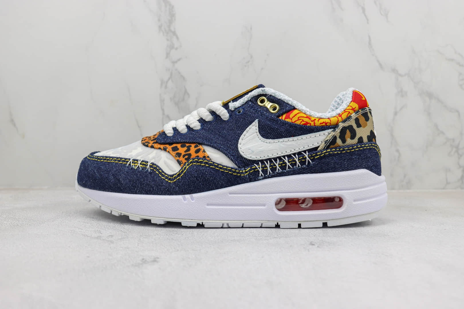 耐克Nike Air Max 1纯原版本Max1牛仔布豹纹印花气垫跑鞋 莆田耐克工厂 货号：FJ4452-432