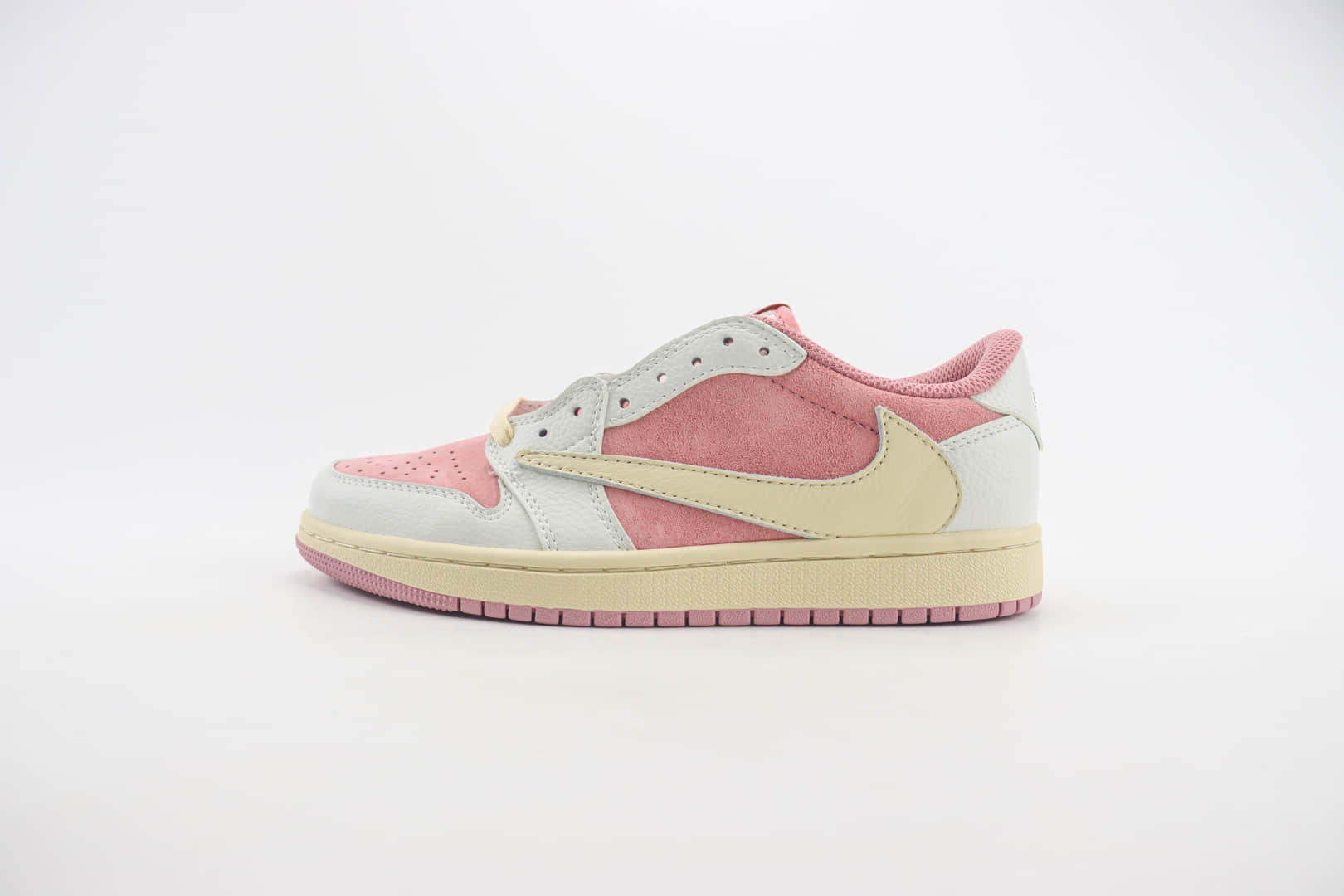 耐克Travis Scott x Air Jordan 1 Low纯原版本低帮AJ1桃粉白倒钩TS联名板鞋 莆田耐克工厂 货号：DM7866-600