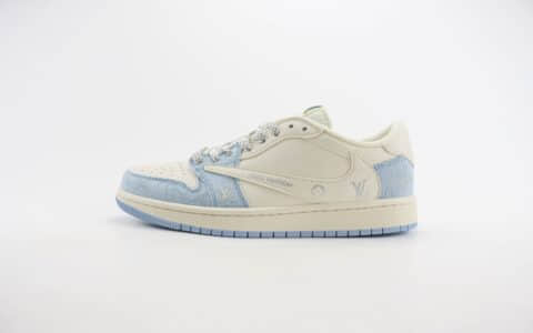 乔丹Louis Vuitton x Air Jordan 1 Low纯原版本倒钩AJ1联名LV米白牛仔蓝板鞋 莆田天花板AJ1 货号：LJ5188-003