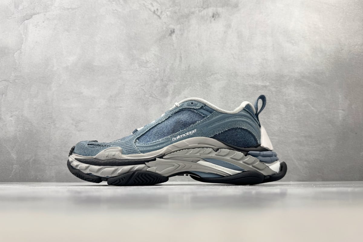 巴黎世家 Balenciaga Triple S.2 2 DENIM 最新 批次 银蓝黑 正面实拍图