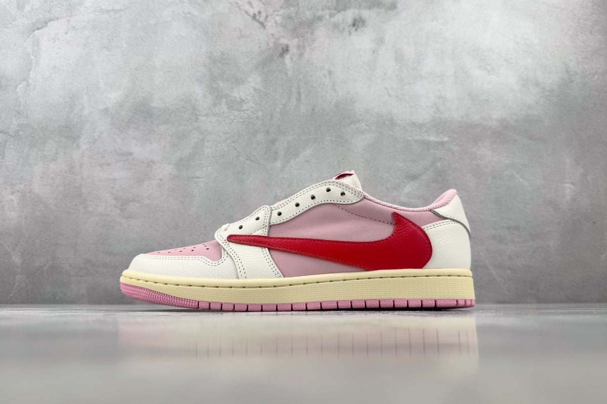 乔丹 Air Jordan × Travis Scott Air Jordan 1 Low OG 外贸专供 粉倒钩 Tropical Pink 联名 热带粉-实拍图1