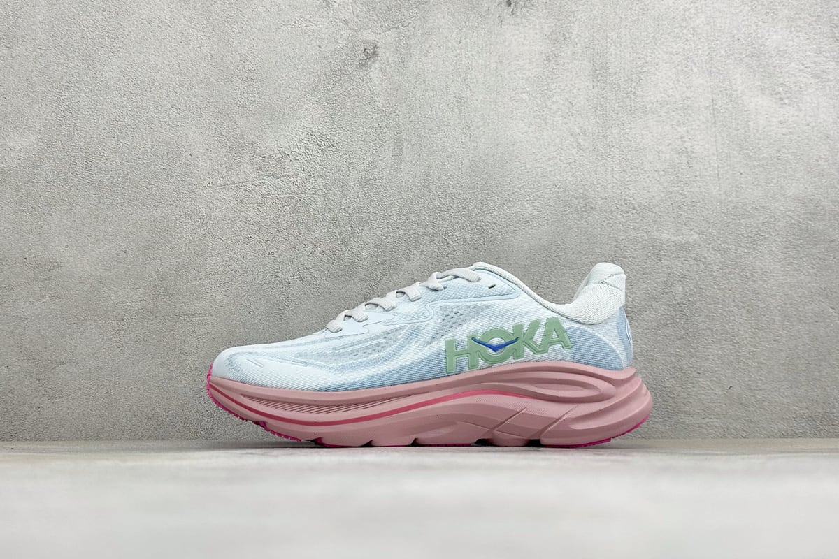 霍伽 HOKA ONE ONE M CLIFTON 10 轻量低帮户外越野跑鞋 白蓝绿 正面实拍图